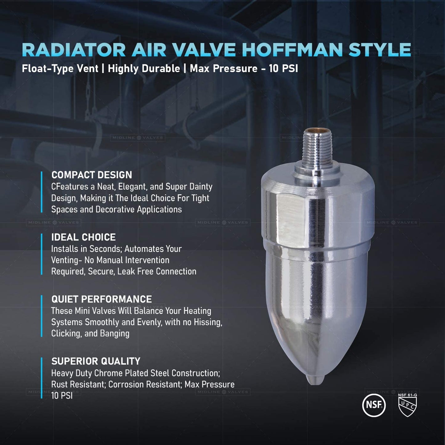 1/8" Straight Hoffman Style Steam Air Vent; Heat Regulator Float Type Valve; Straight Mount; NPT; Chrome Plated Steel - Fittings N' Valves