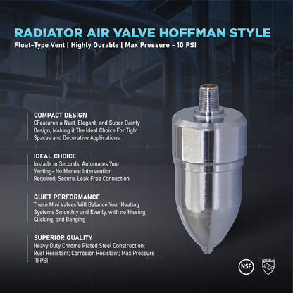1/4" Straight Hoffman Style Steam Air Vent; Heat Regulator Float Type Valve; Straight Mount; NPT; Chrome Plated Steel - Fittings N' Valves