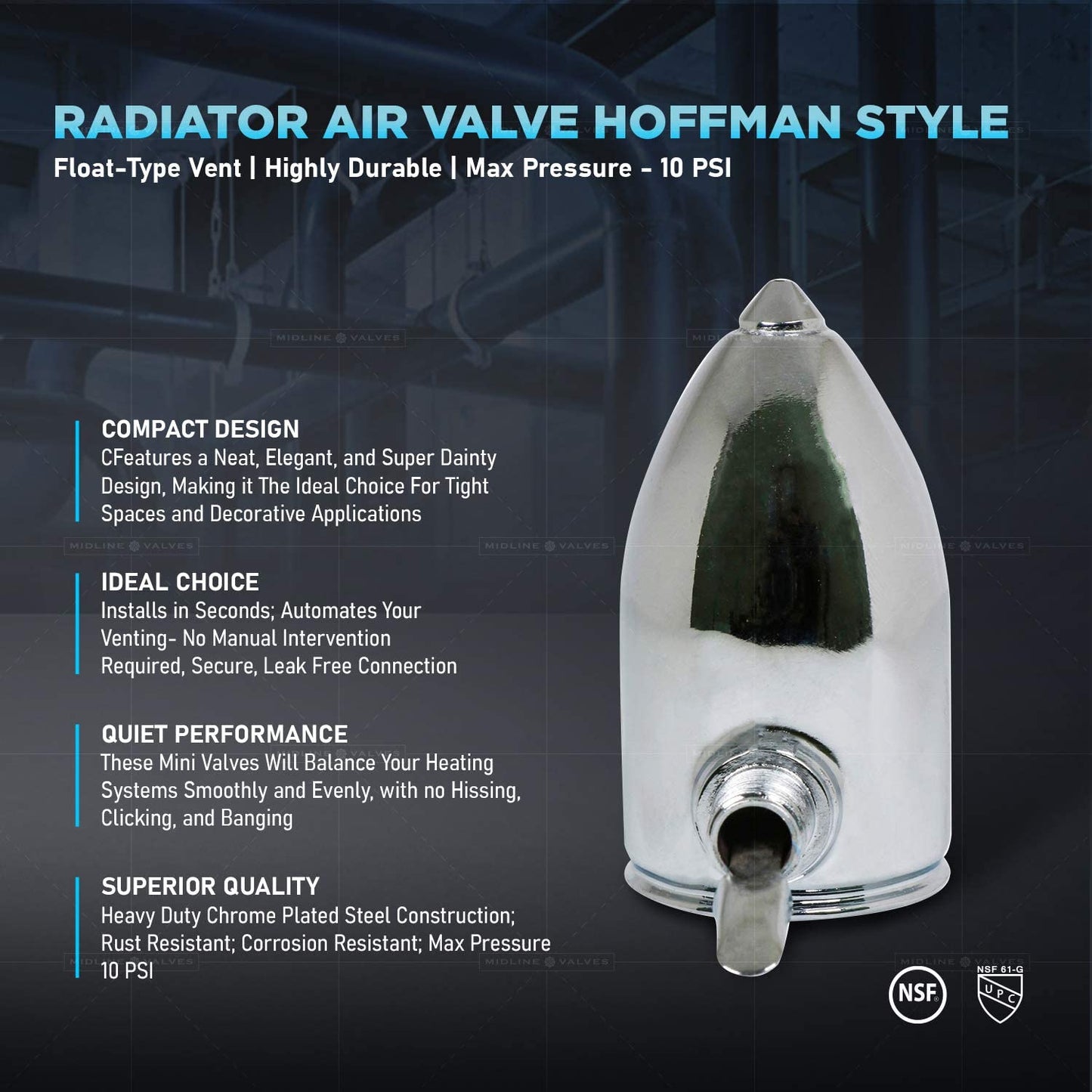 1/8" Angle Hoffman Style Steam Air Vent; Heat Regulator Float Type Valve; Angle Mount; NPT; Chrome Plated Steel - Fittings N' Valves