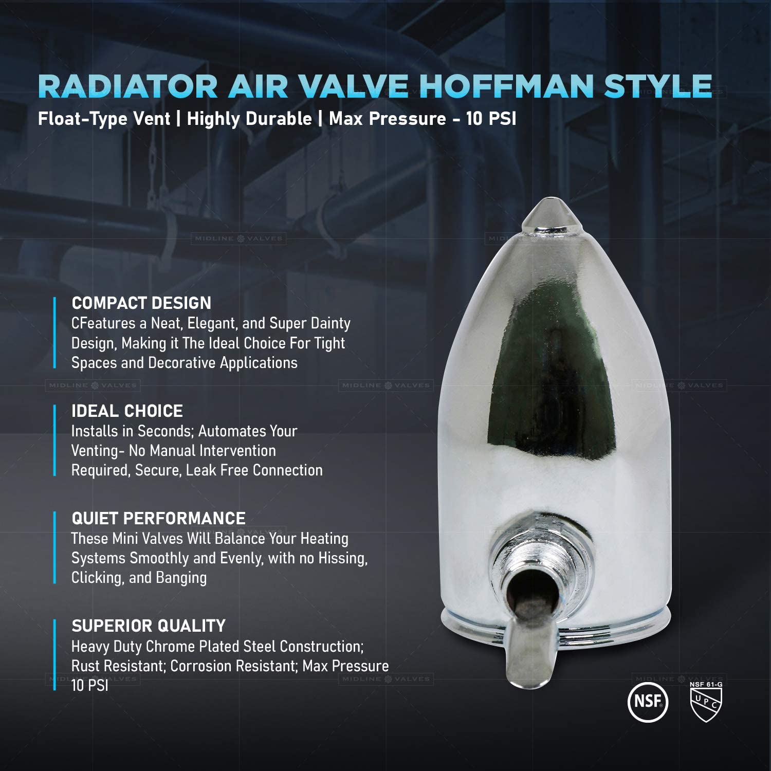 1/8" Angle Hoffman Style Steam Air Vent; Heat Regulator Float Type Valve; Angle Mount; NPT; Chrome Plated Steel - Fittings N' Valves