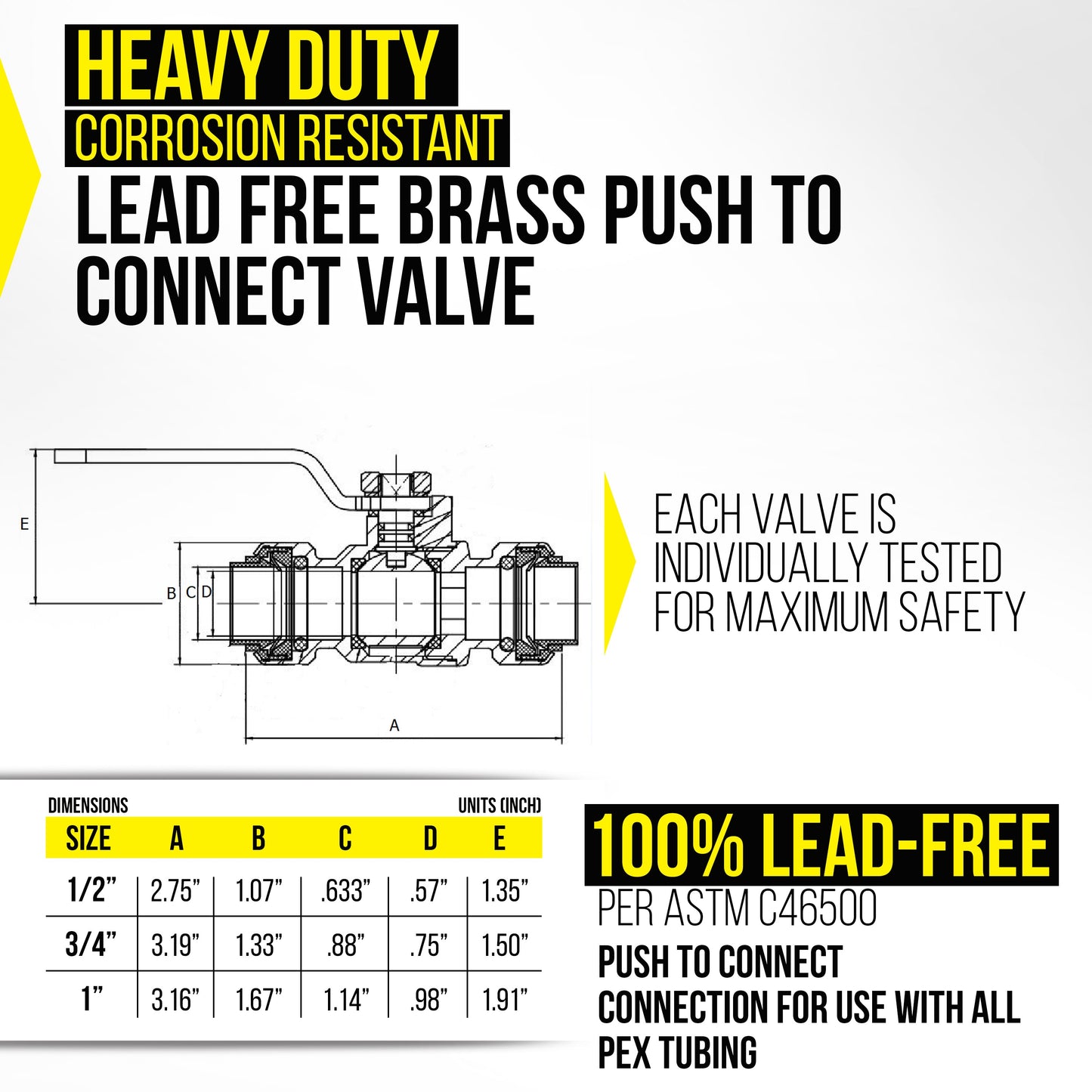 1/2" Push x Female Ball Valve - Push-Fit Water Shut Off (Lead-Free)